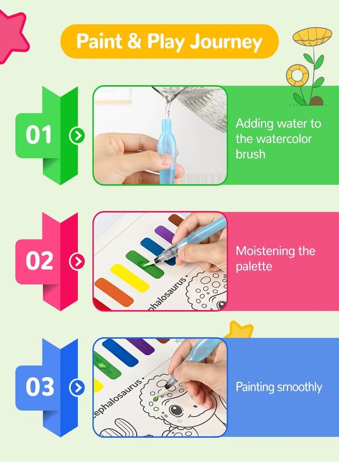 TECJOE Paint with Water Coloring Books for Toddlers, Dinosaur Series Watercolor Set with 3 Brushes, Mess Free Painting Activity for Kids Ages 4 5 6 7 8, Christmas Gifts Arts & Crafts Toy - Image 5